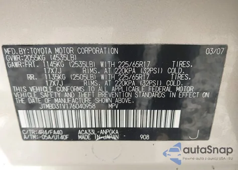 2007 Toyota Rav4 Limited z USA, uszkodzony, nr VIN JTMBD31V176040958